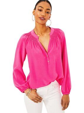 Lilly Pulitzer Pink Solid Elsa Top 100% silk long sleeve hot pink blouse XS